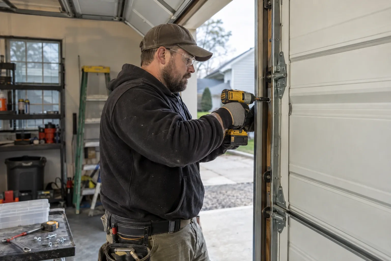 Illustrative garage doors scene; not an actual job