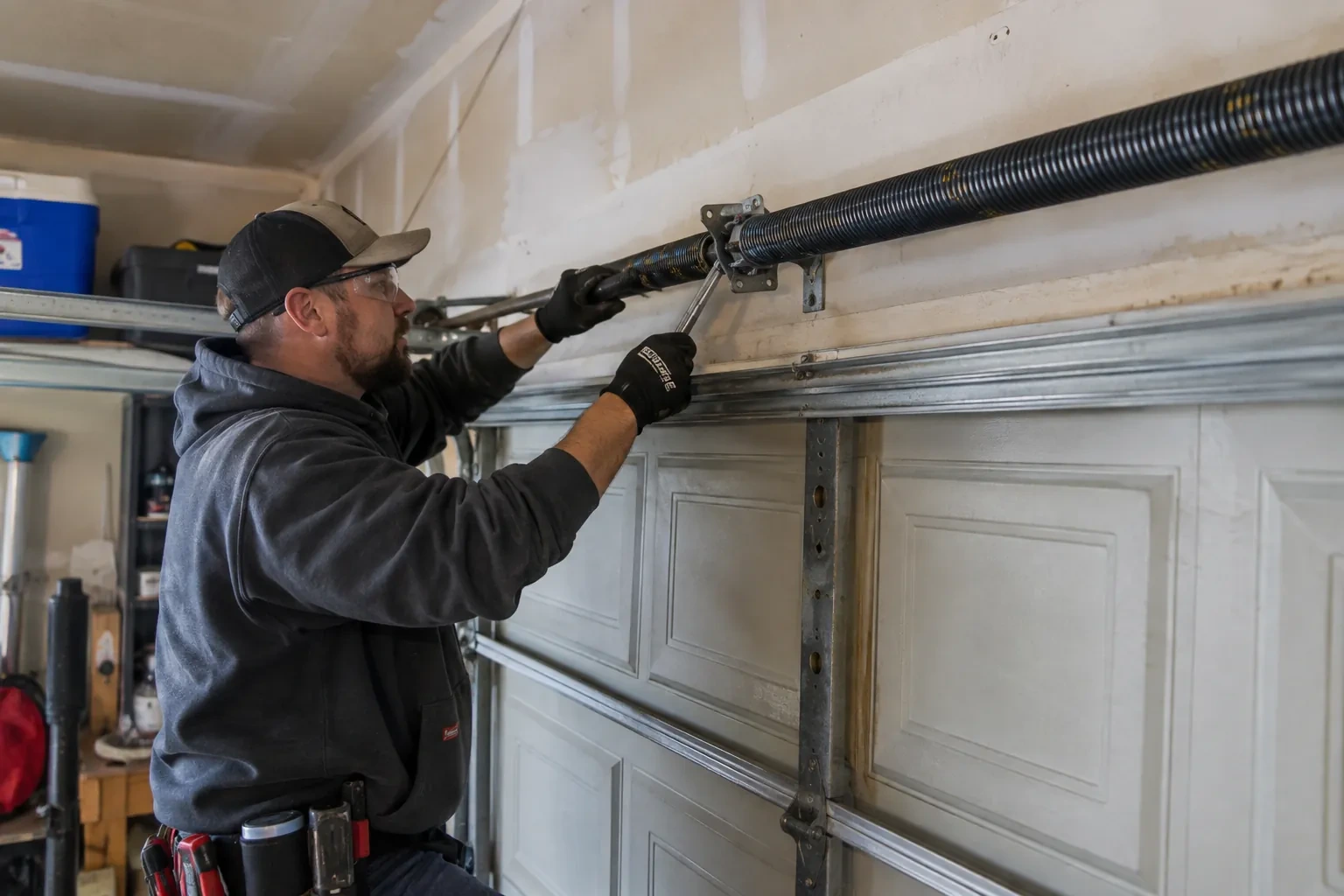 Illustrative garage doors scene; not an actual job