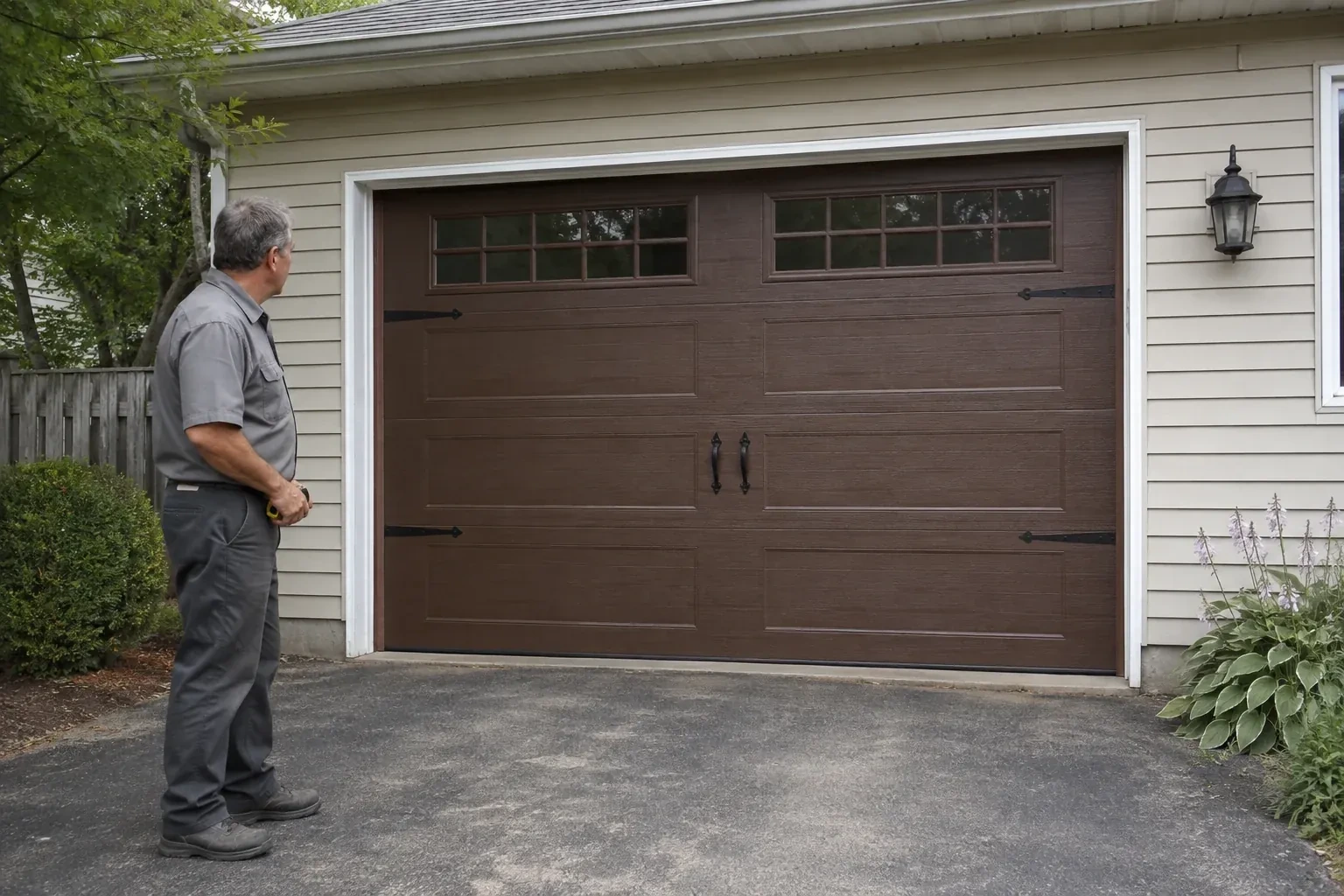 A person stands beside a closed brown garage door with upper windows and black decorative straps and handles. — Carriage-House Garage Door Installation, Uxbridge