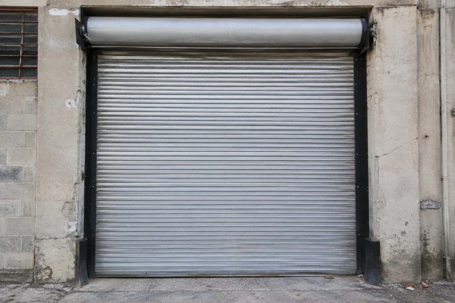 Closed metal rolling shutter in a weathered warehouse opening. — Commercial Rolling Door Repair, Uxbridge