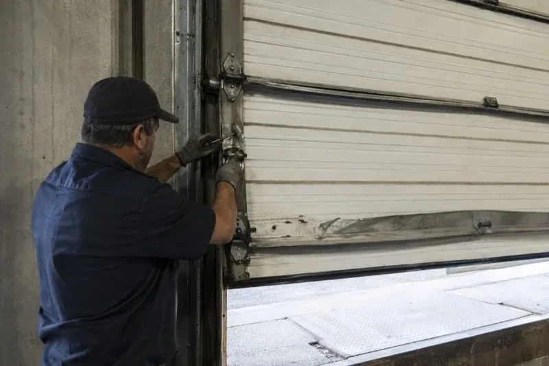 Person holding tools at the side hinge of a partly raised industrial sectional door — Commercial Sectional Door Repair, Uxbridge