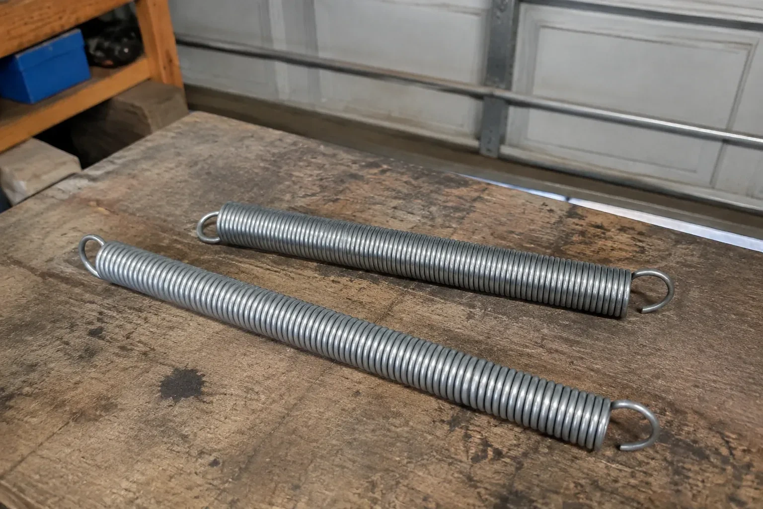 Two detached extension springs with hooked ends on a garage bench. — Extension Spring Replacement, Uxbridge