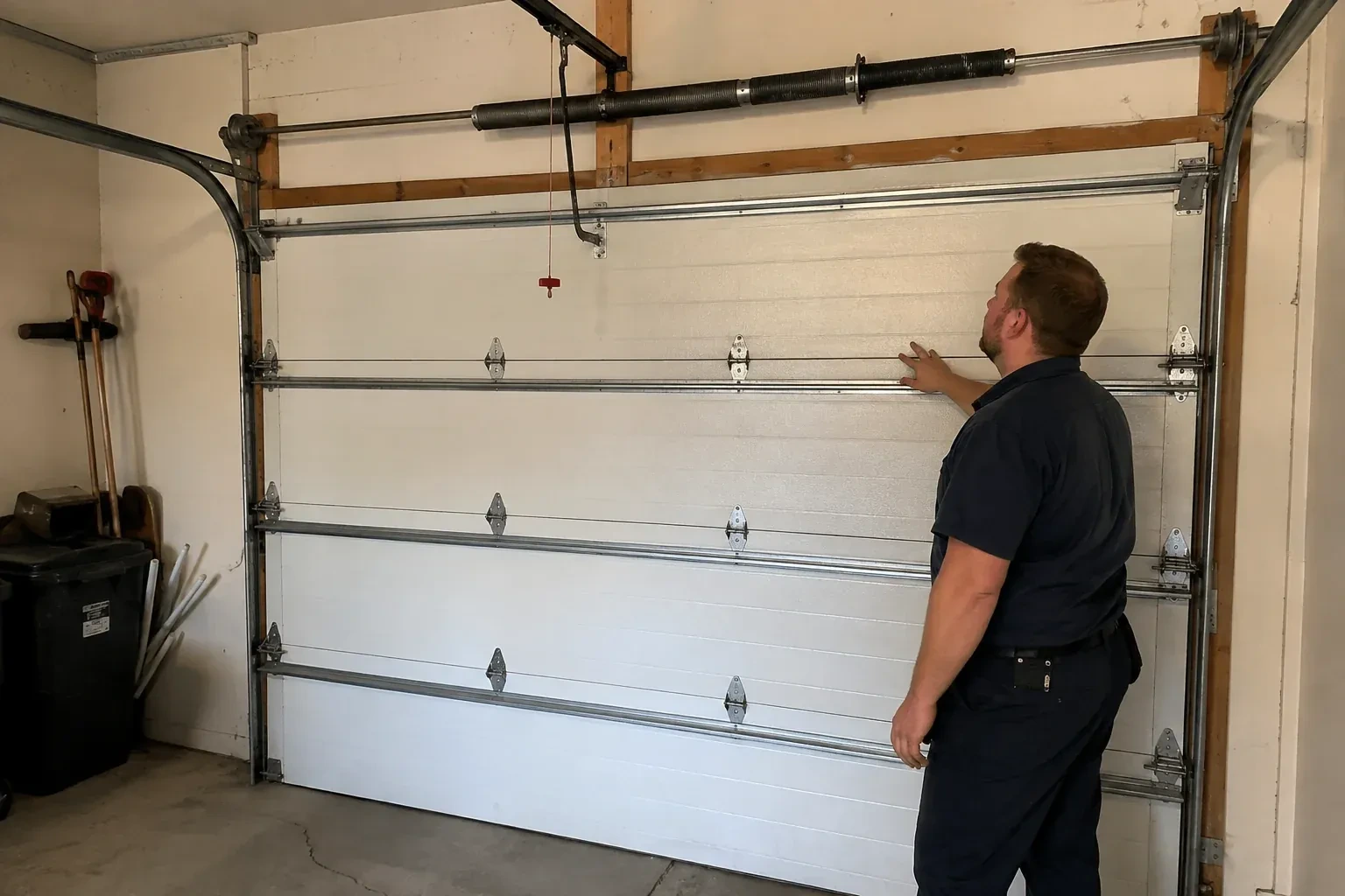 A person stands beside a closed sectional door beneath its overhead spring assembly. — Garage Door Balance Adjustment, Uxbridge