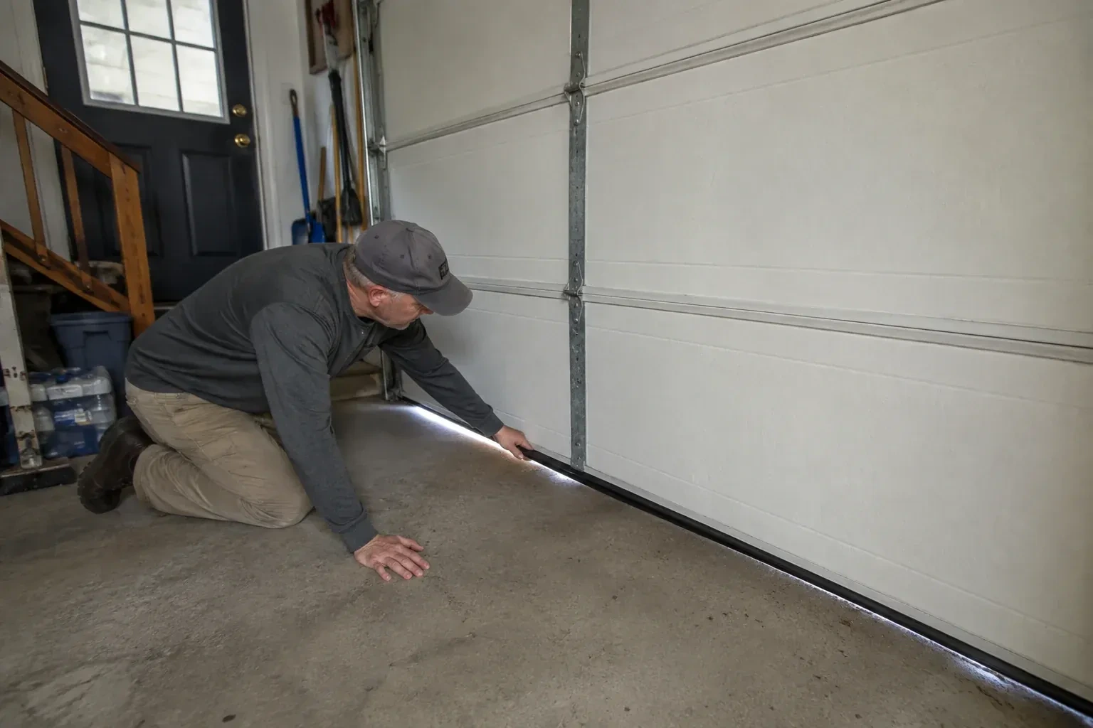 A person kneels beside the black bottom seal of a garage door, with daylight visible beneath the edge. — Garage Door Bottom Seal Replacement, Uxbridge
