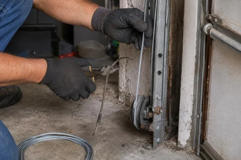 Gloved hands holding a bright cable and pliers gripping a frayed cable beside a garage-door track and pulley. — Garage Door Cable Replacement, Uxbridge