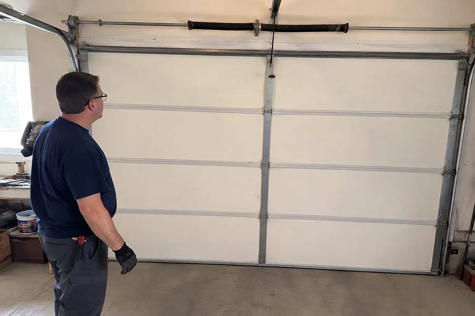 Illustrative garage doors scene; not an actual job — Off-Track Garage Door Reset, Uxbridge