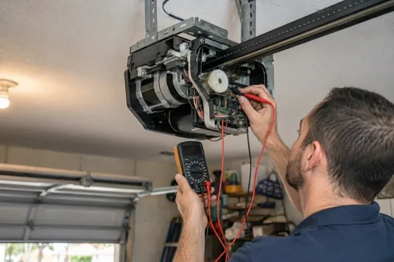 Person holding a multimeter and a red probe near the exposed circuit board of an overhead garage-door opener. — Garage Door Opener Diagnosis and Repair, Uxbridge
