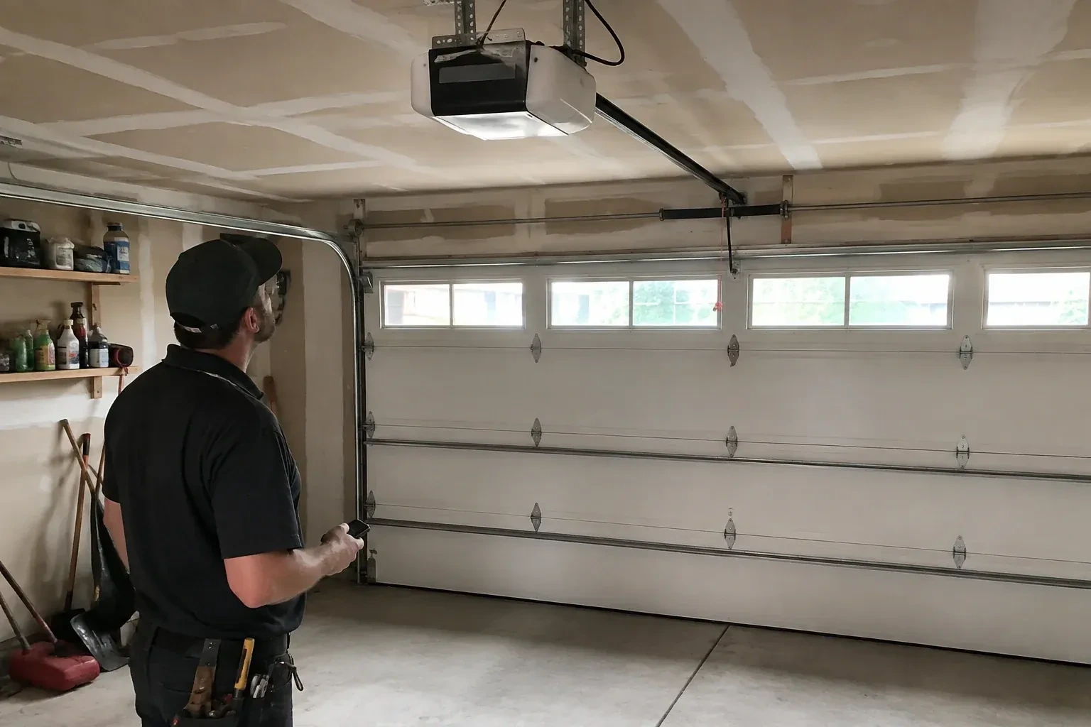 A person looks at an overhead opener above a closed garage door with a row of windows. — Garage Door Opener Replacement, Uxbridge