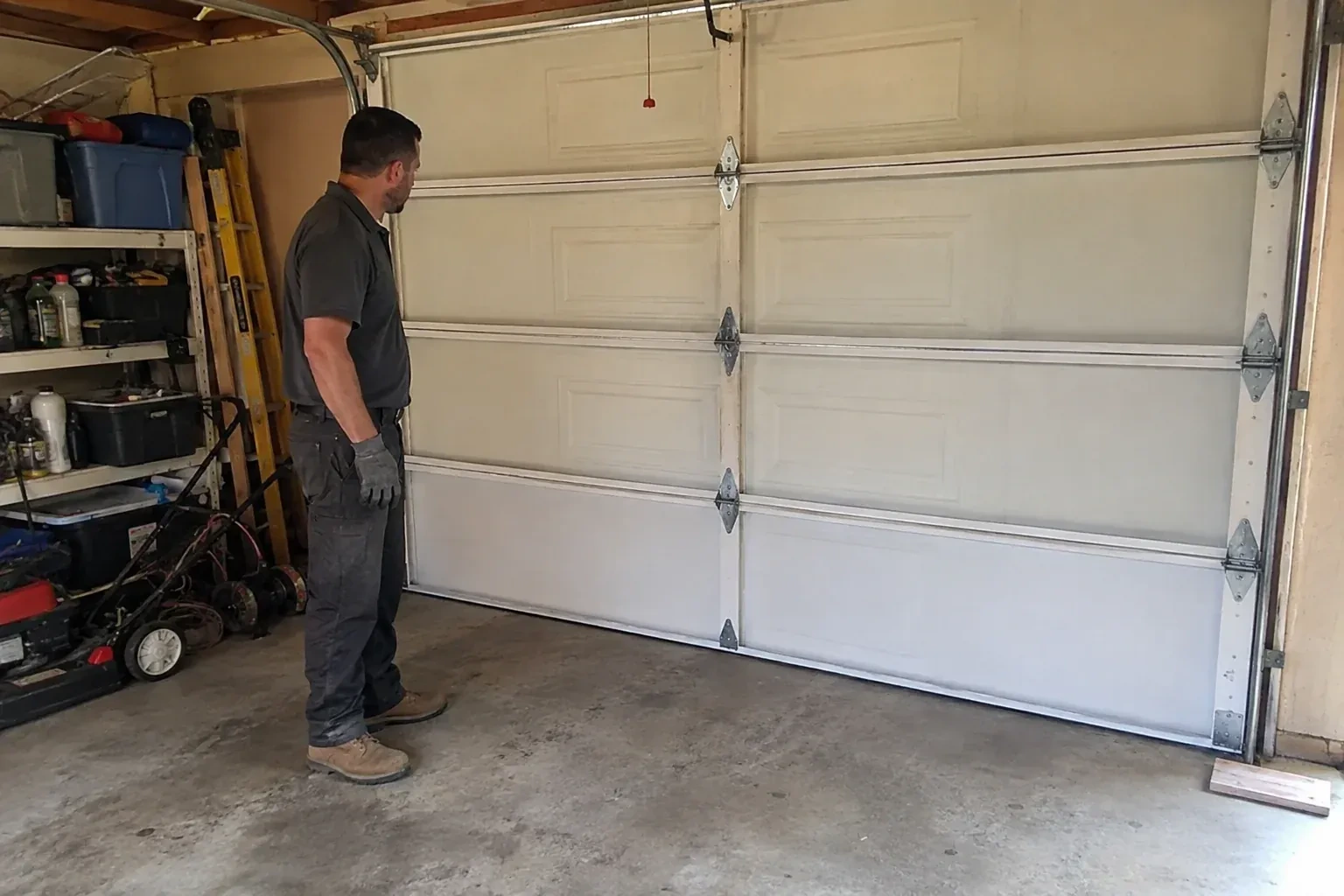 A person examines the interior panels and hinges of a closed sectional garage door. — Garage Door Panel Replacement, Uxbridge
