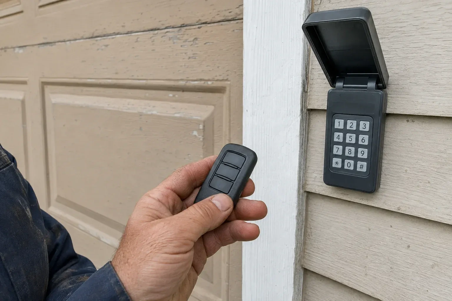 A hand holds a three-button remote beside an exterior garage keypad with its cover open. — Garage Door Remote and Keypad Programming, Uxbridge