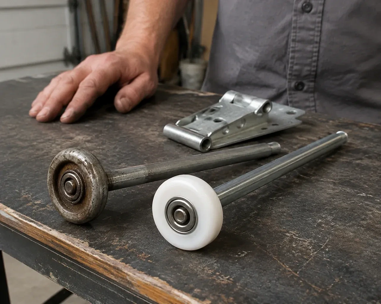 Steel and nylon garage-door rollers with long stems lie beside a detached hinge on a workbench. — Garage Door Roller Replacement, Uxbridge