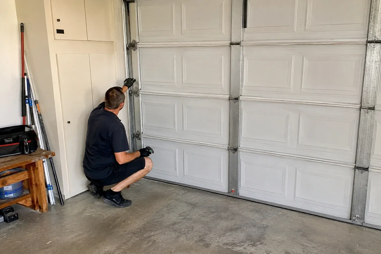 A person kneels beside the side track and hinges of a closed sectional garage door. — Garage Door Safety Inspection, Uxbridge