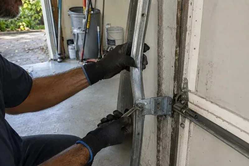 Gloved hands holding a vertical garage-door track and a wrench at its mounting bracket beside a door hinge. — Garage Door Track Repair or Replacement, Uxbridge