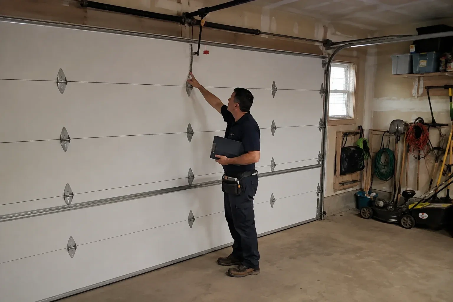 A person holding a clipboard examines the interior hardware of a closed garage door. — Garage Door Tune-Up, Uxbridge