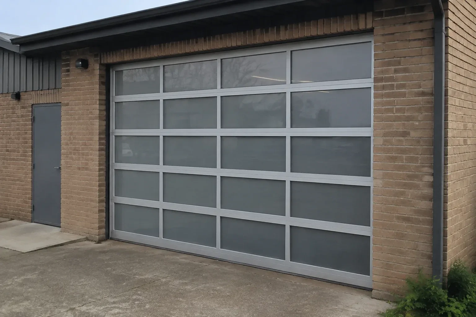 Closed glazed sectional door in a grey metal frame at a brick workshop. — Full-View Glass Garage Door Installation, Uxbridge
