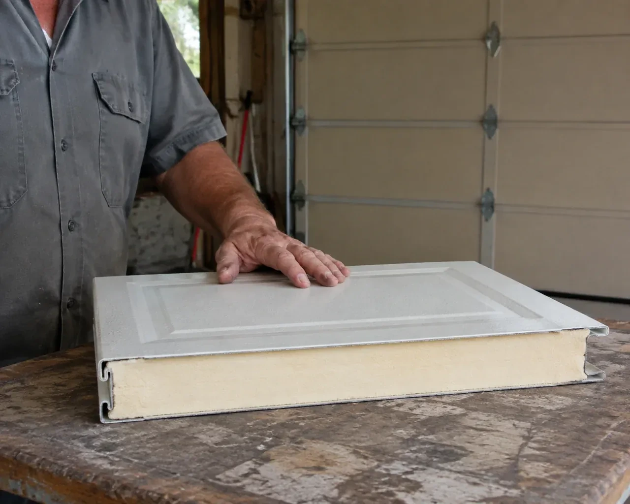 A panel sample exposes a cream foam core between thin metal faces on a garage workbench. — Insulated Steel Garage Door Installation, Uxbridge