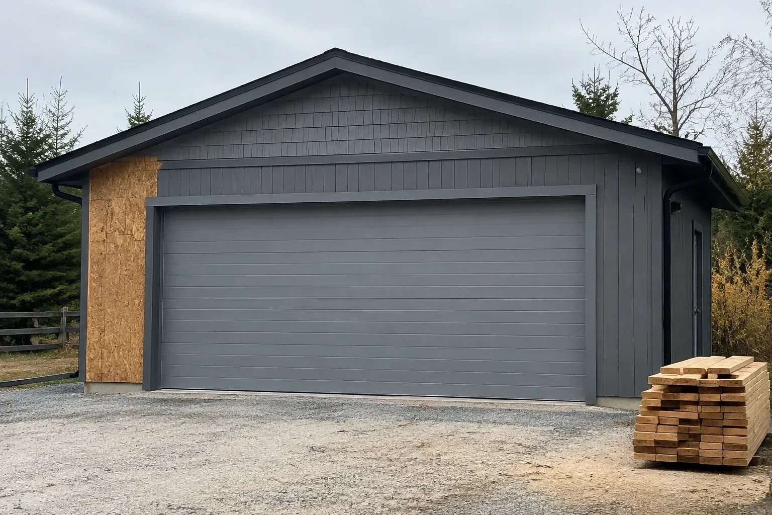 Closed grey garage door on a partly finished building beside stacked lumber. — New-Construction Garage Door Installation, Uxbridge