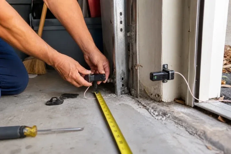 Hands holding a small wired device beside another mounted device and a tape measure at a garage-door opening — Photo-Eye Sensor Alignment or Replacement, Uxbridge