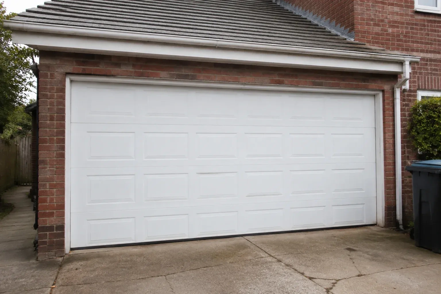 Closed white sectional garage door at an ordinary brick house. — Sectional Garage Door Replacement, Uxbridge