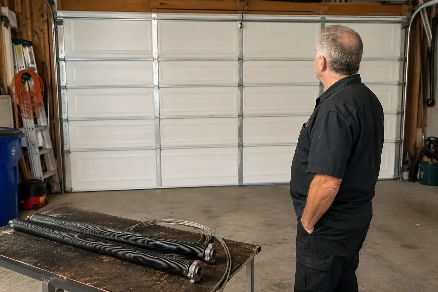 Detached coil springs with end fittings and a cable rest on a bench in front of a closed garage door. — Torsion Spring Replacement, Uxbridge