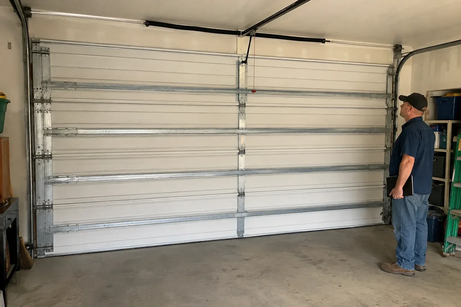 A person examines horizontal metal reinforcement members across the interior of a closed garage door. — Wind-Rated Garage Door Replacement, Uxbridge